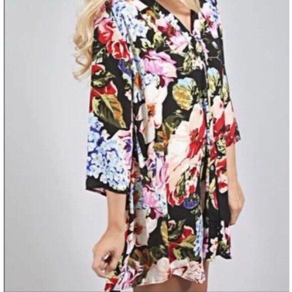 Show Me Your MUMU Kimono Duster Top Cover Up Black Floral Multi Small NEW - Picture 2 of 13